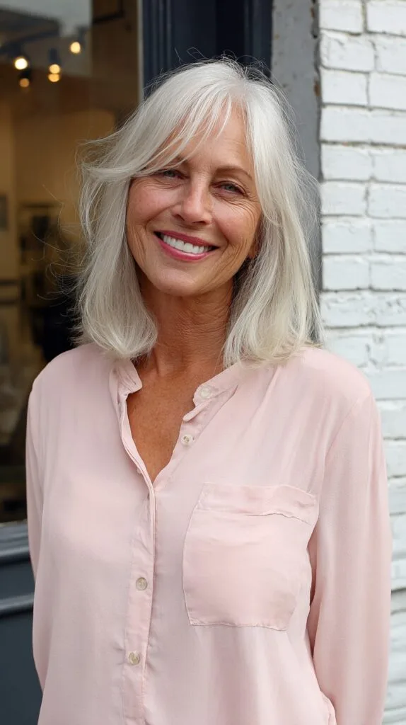 Platinum Silver Layered Lob with Light Curtain Bangs