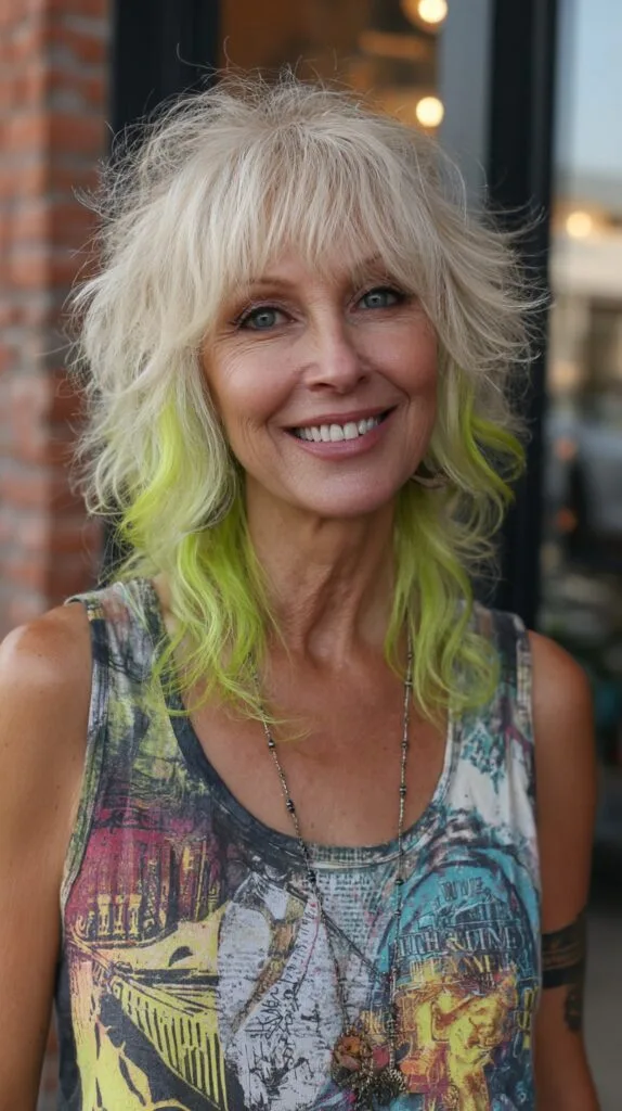 Platinum Wispy Shag with Neon Lime Peekaboo Underlayers
