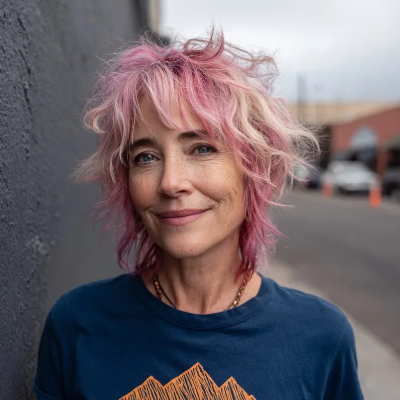 Playful Shaggy Cut with Pink Highlights