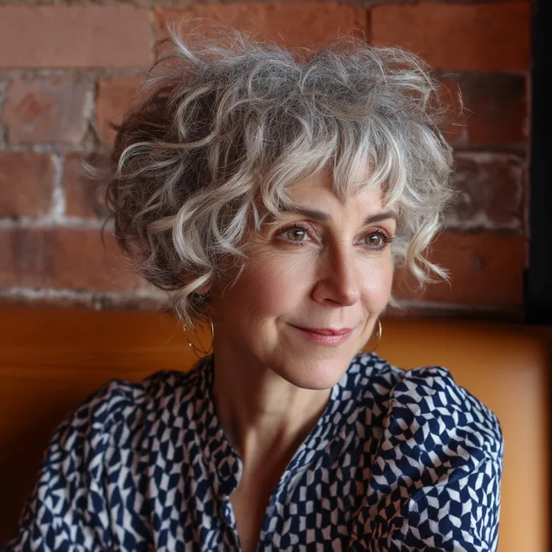 Playful Short Curly Gray Hairstyle with Volume