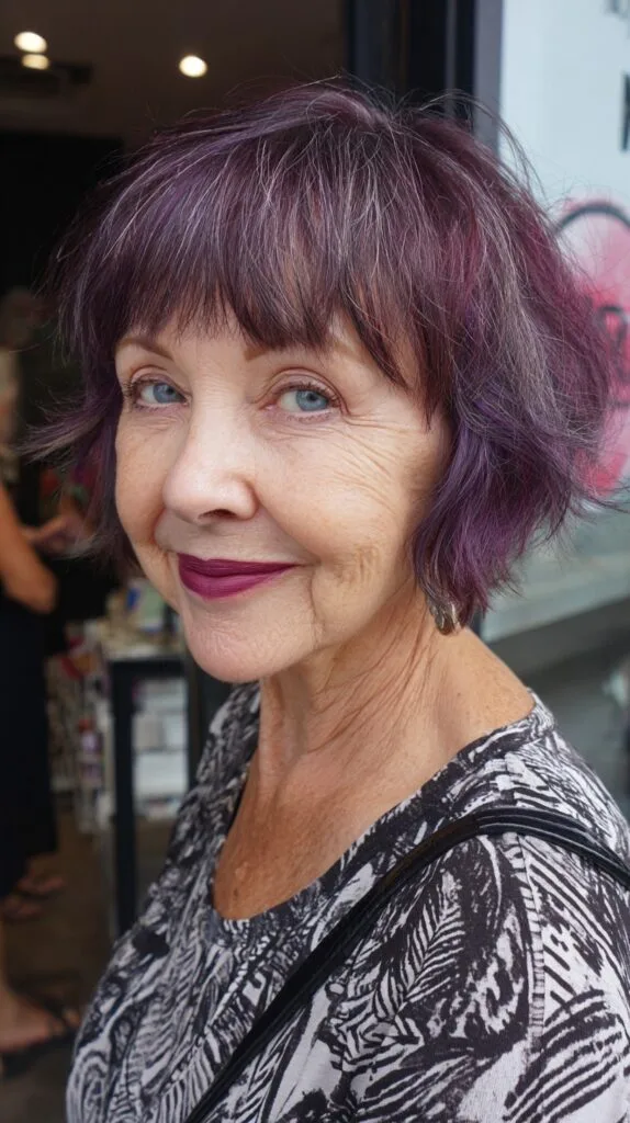 Plum-Infused Silver Textured Chin-Length Bob with Micro Bangs