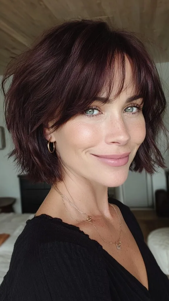 Plum Textured Chin-Length Bob with Sheer Curtain Fringe