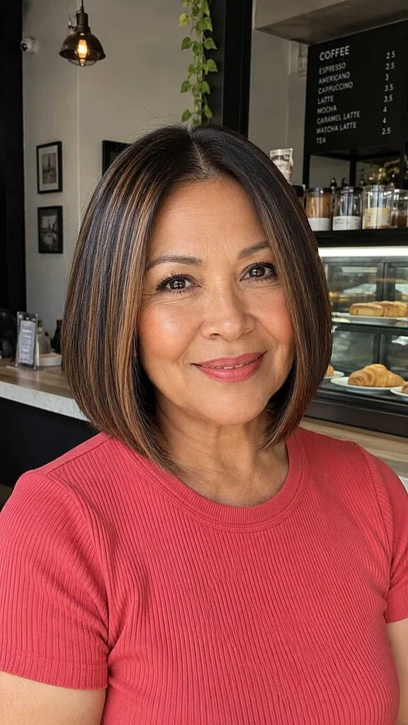 Polished Dark Bob with Warm Toffee Highlights