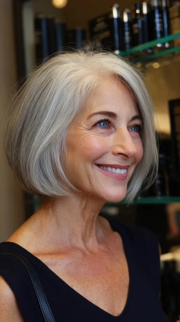Polished Silver Chin-Length Bob with Rounded Interior Graduation