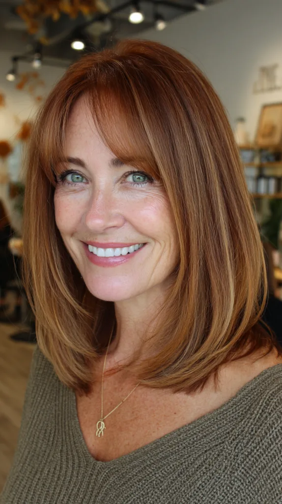 Radiant Auburn Long Bob with Soft Curtain Bangs