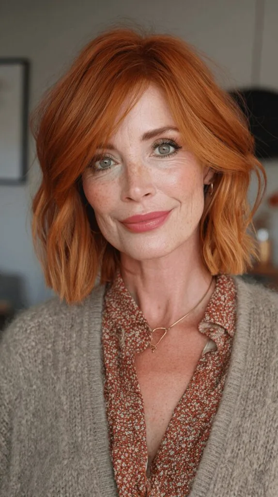 Radiant Copper Textured Lob with Soft Waves