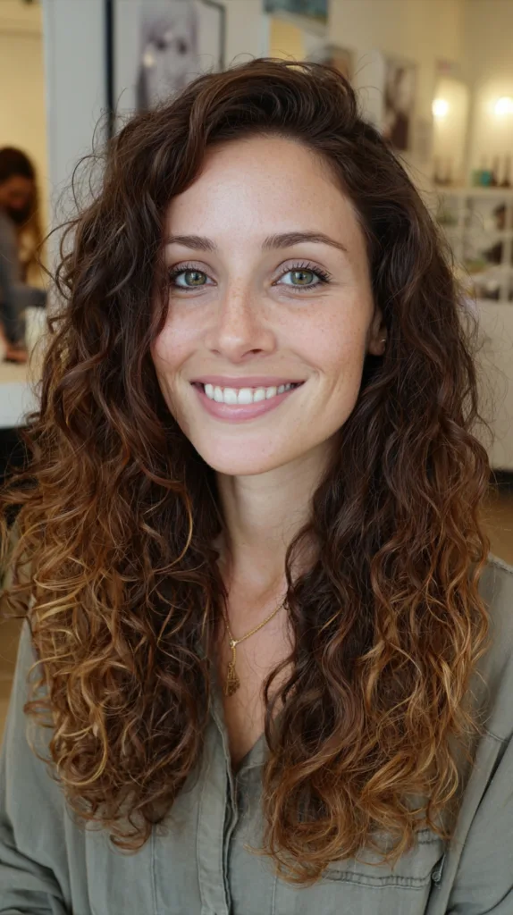 Radiant Long Curly Layers with Warm Caramel Highlights