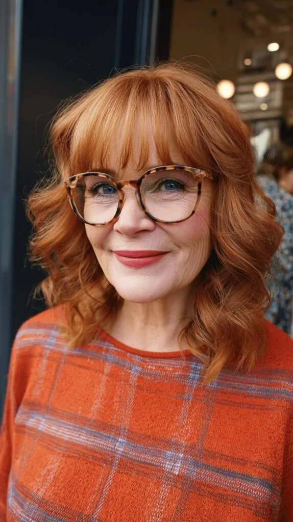 Radiant Red Curly Lob with Soft Bangs