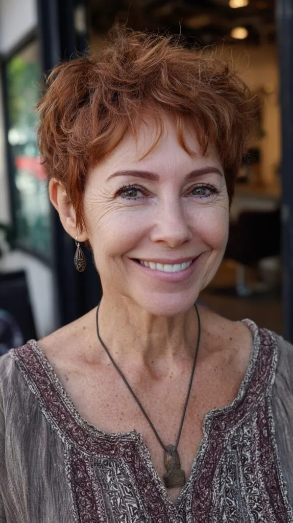 Razor-Textured Auburn Pixie with Crown Lift and Wispy Fringe