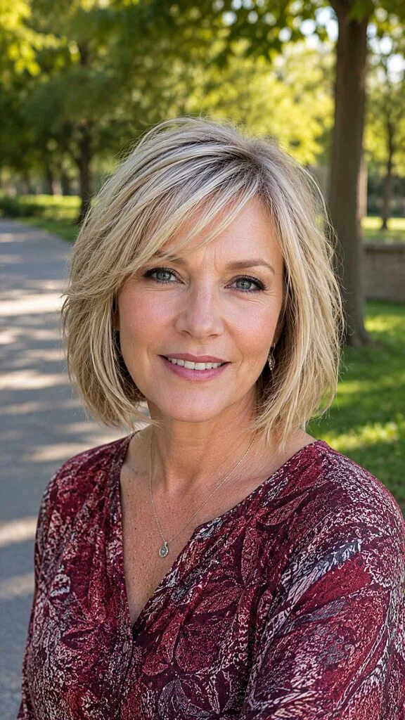 Razored Blonde Bob with Side-Swept Fringe
