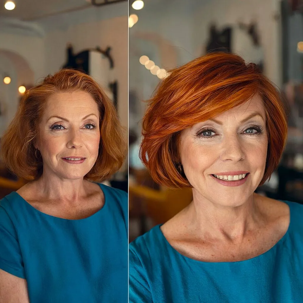 Red Sweeping Bob Hairstyle for Ladies Aged 50
