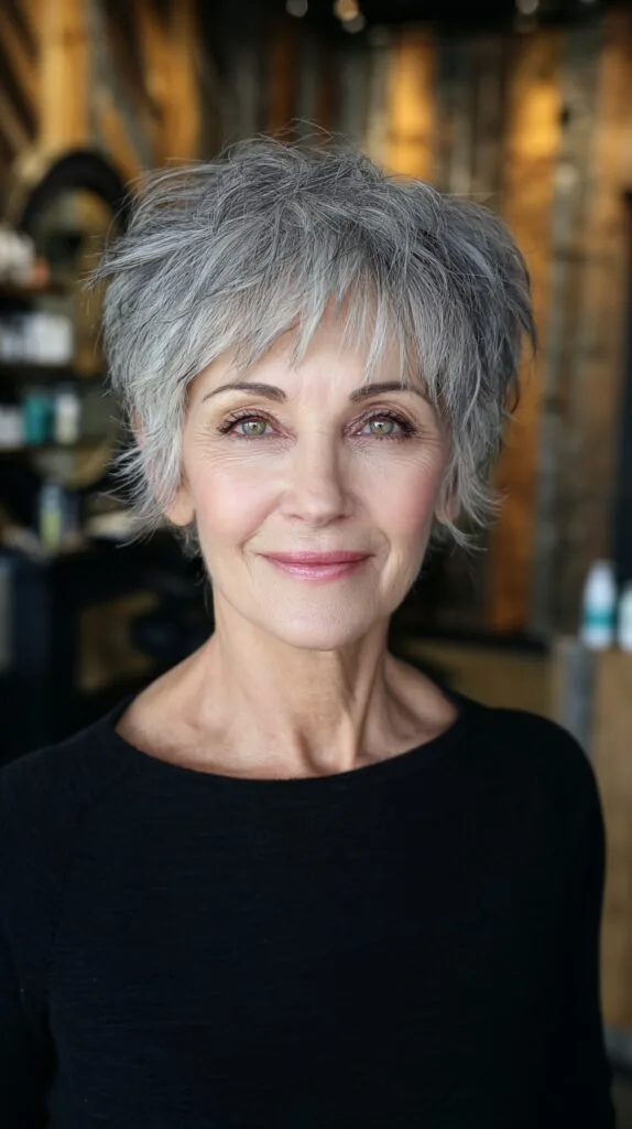 Refined Grey Tousled Pixie for Mature Elegance