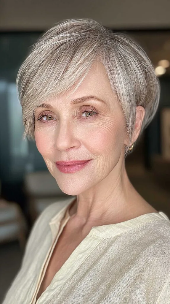 Refined side-swept pixie in ash blonde on woman over 60