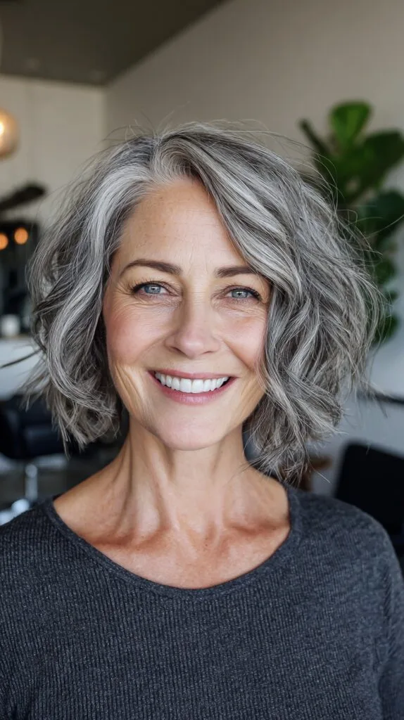 Relaxed Wavy Angled Bob with Natural Gray Face-Framing