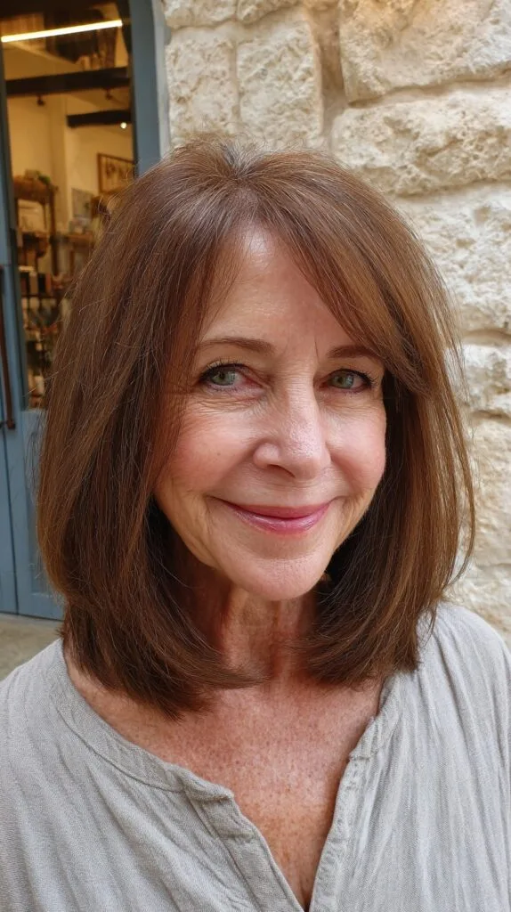 Rich Auburn Lob with Gentle Curtain Bangs