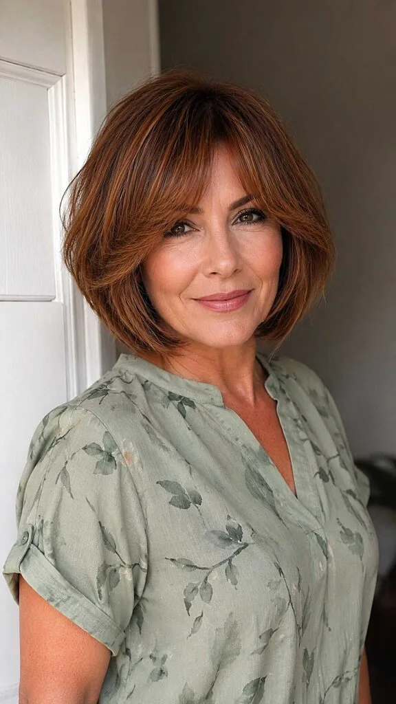 Rich auburn rounded bob with curtain bangs
