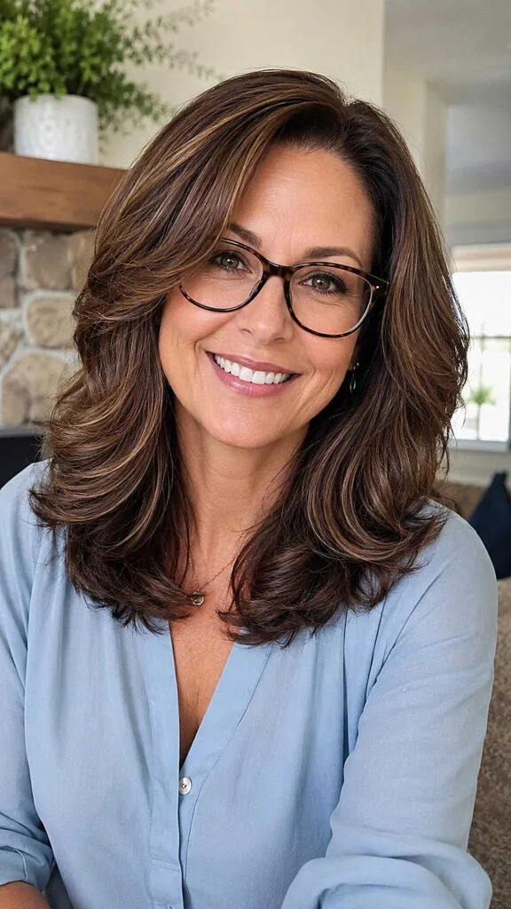 Rich Brunette Butterfly Cut with Swept Layers and Glasses-Friendly Volume