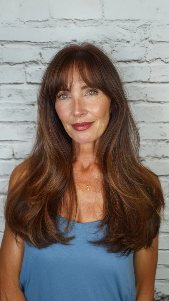 Rich Mahogany Waves with Subtle Curtain Bangs