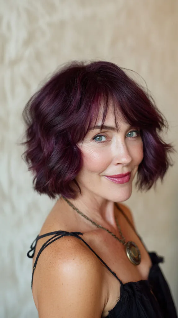 Rich Plum Textured Chin-Length Bob with Wispy Micro-Fringe