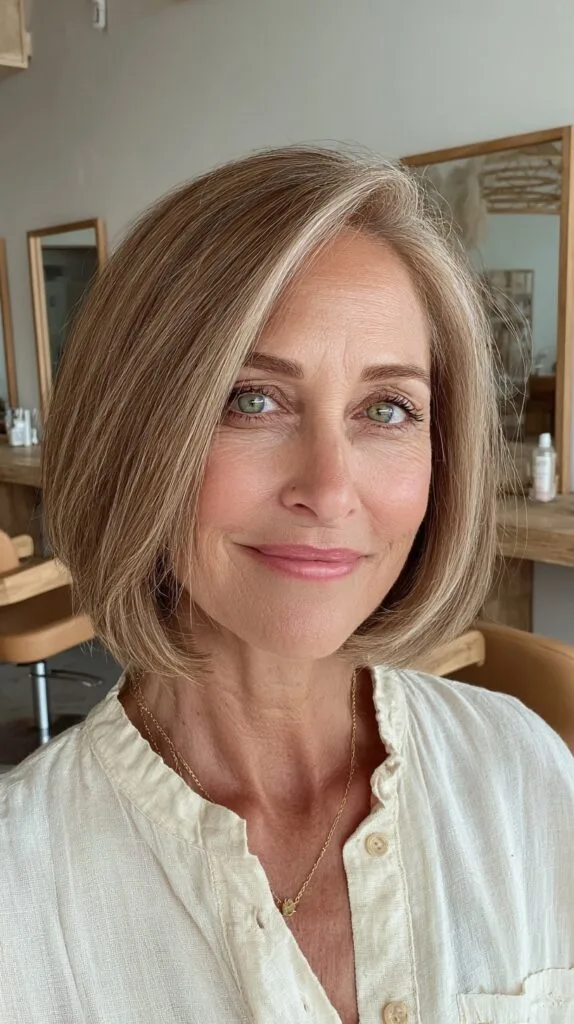 Root-Blended Bronde Smooth Bob with Weight-Shifting Interior