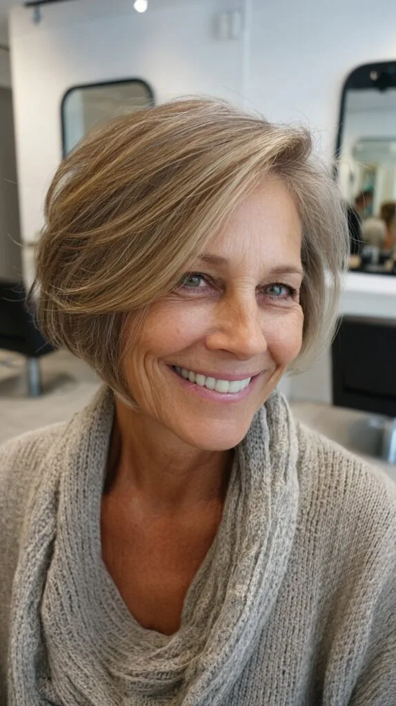 Rounded Bronde Chin-Length Bob with Root-Melt and Soft Interior Graduation