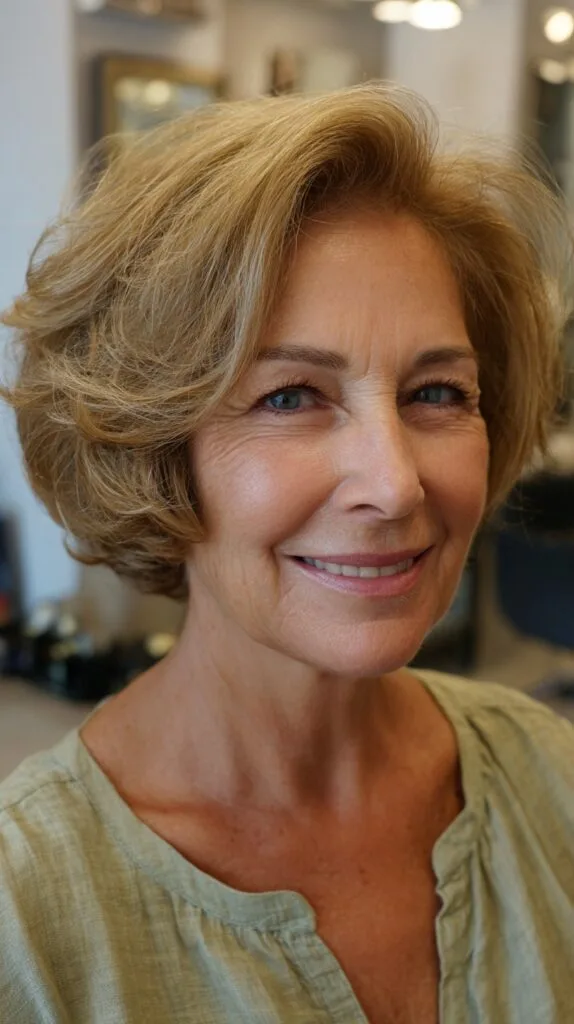 Rounded Bronde Short Bob with Feathered Crown Lift