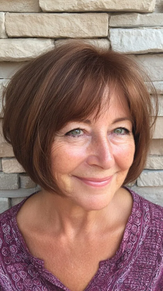 Rounded Chestnut Wash-and-Go Chin-Length Bob with Soft Side Fringe