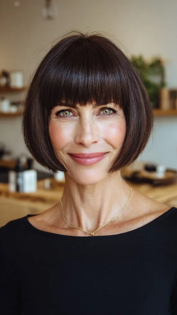 Rounded Chin-Length Bob with Blunt Micro Fringe and Interior Graduation
