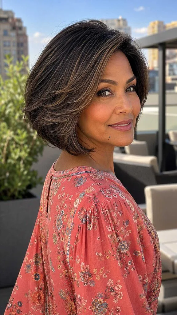 Rounded Dark Bob with Fine Caramel Lowlights