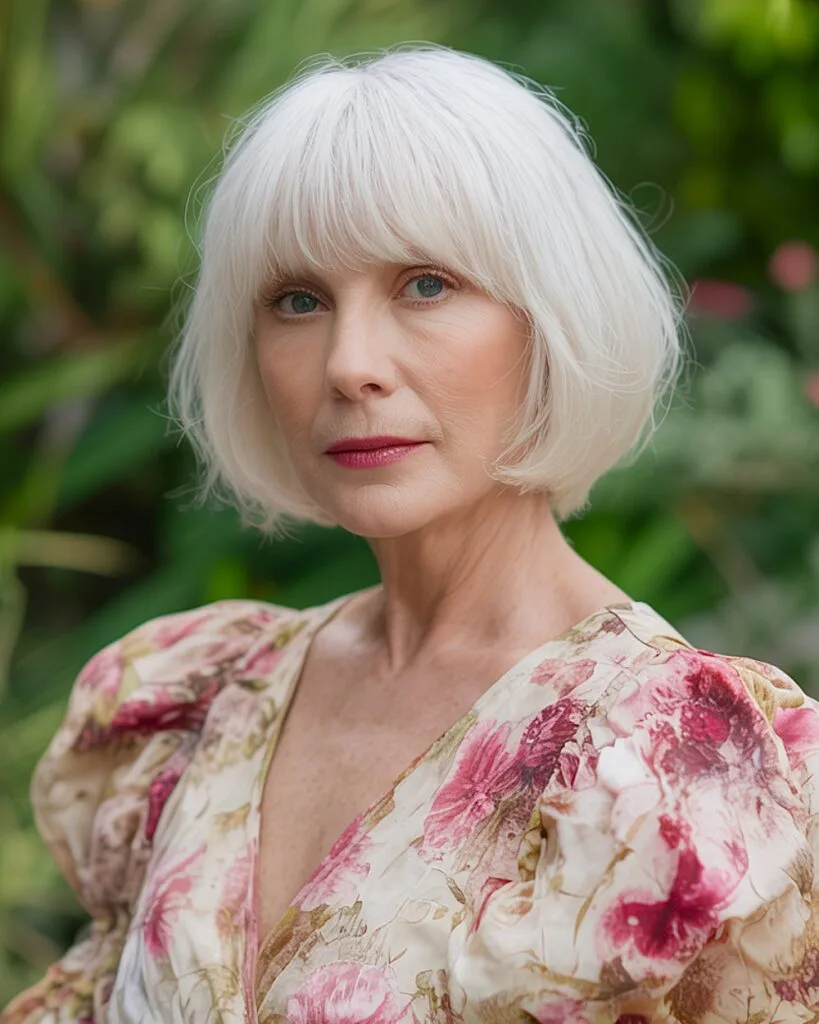 Rounded platinum bob with full blunt bangs for older women with thin hair