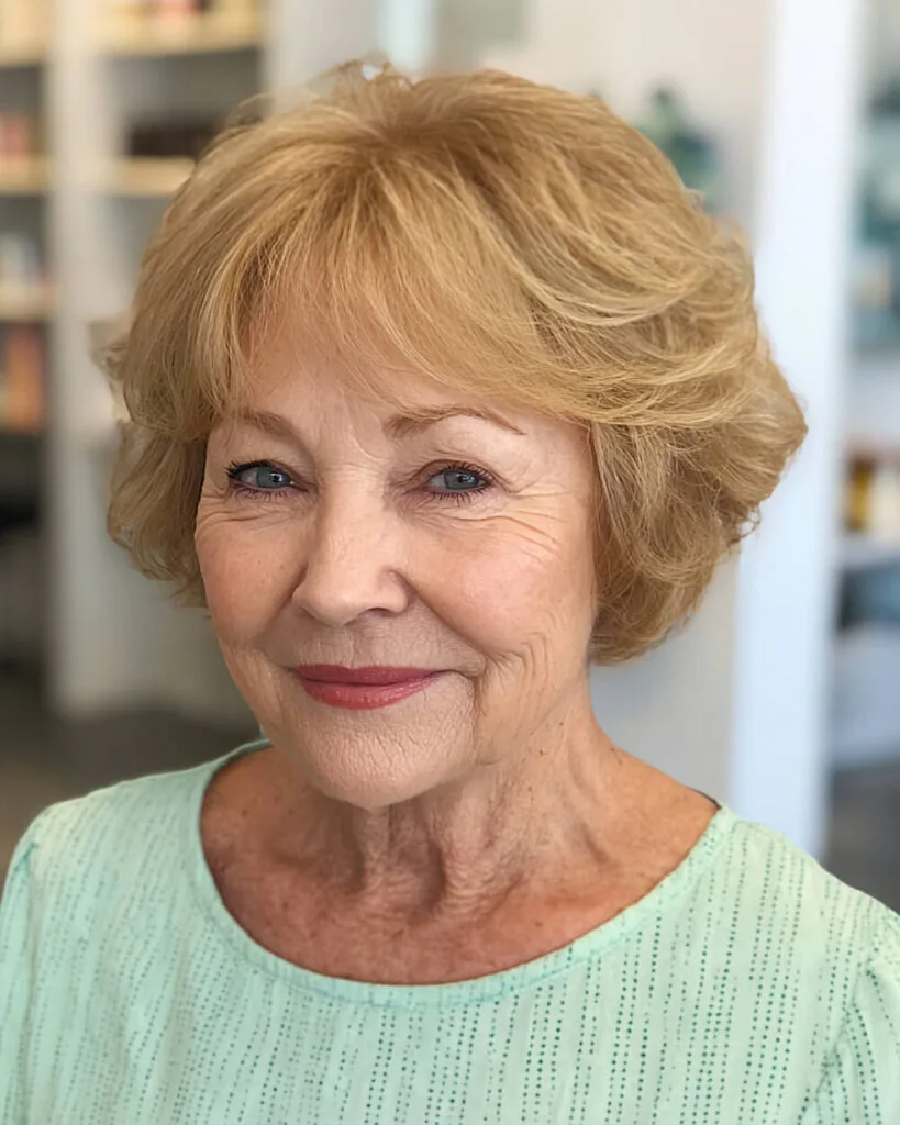 Rounded shaggy pixie bob with tapered layers for women over 70