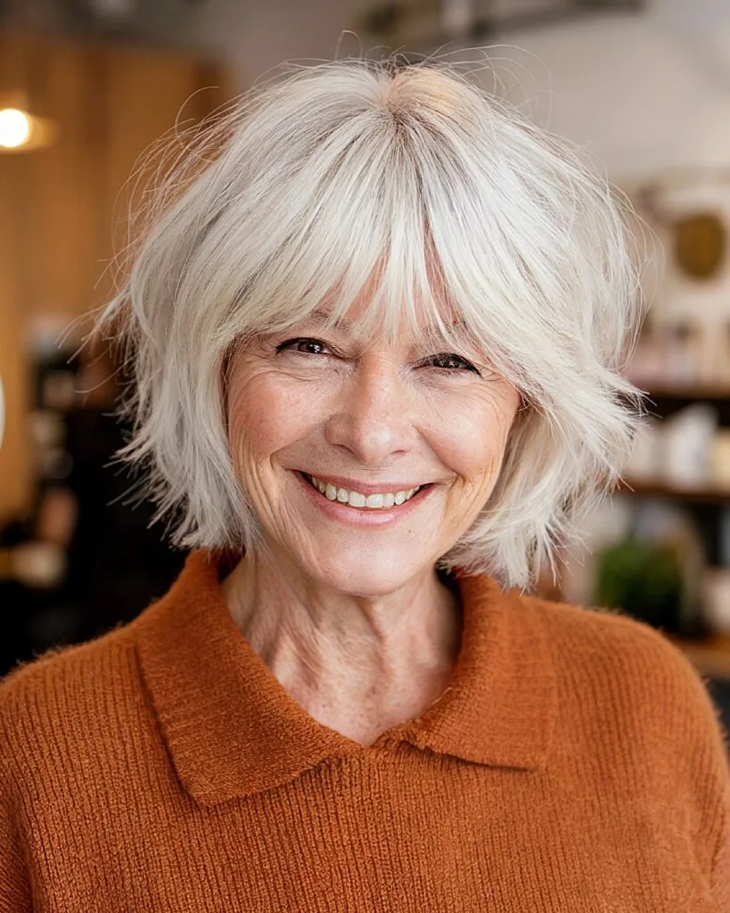 Rounded short shag with soft fringe and natural texture, flattering French bob cut for women over 40