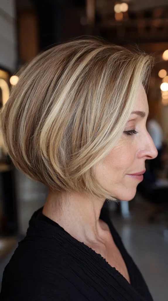 Rounded Stacked Chin-Length Bob with Face-Framing Babylights