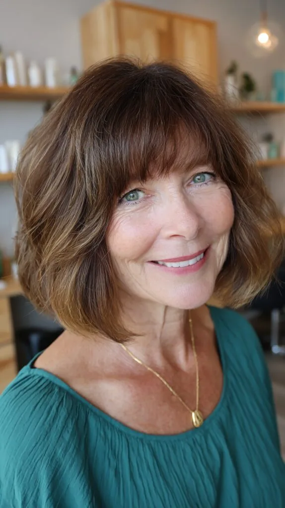 Rounded Textured Chin-to-Shoulder Bob with Brow-Grazing Wispy Fringe
