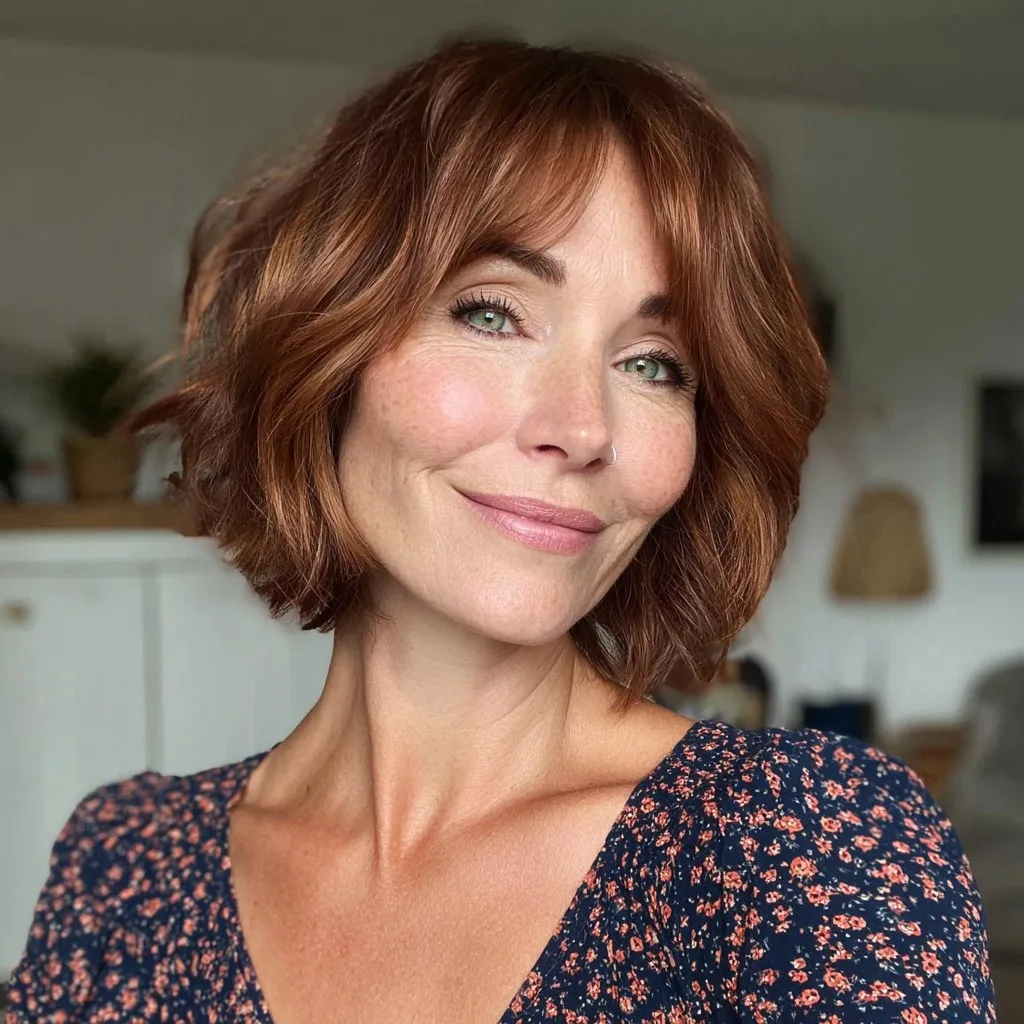 Rustic Copper Layered Bob with Soft Face-Framing Bangs