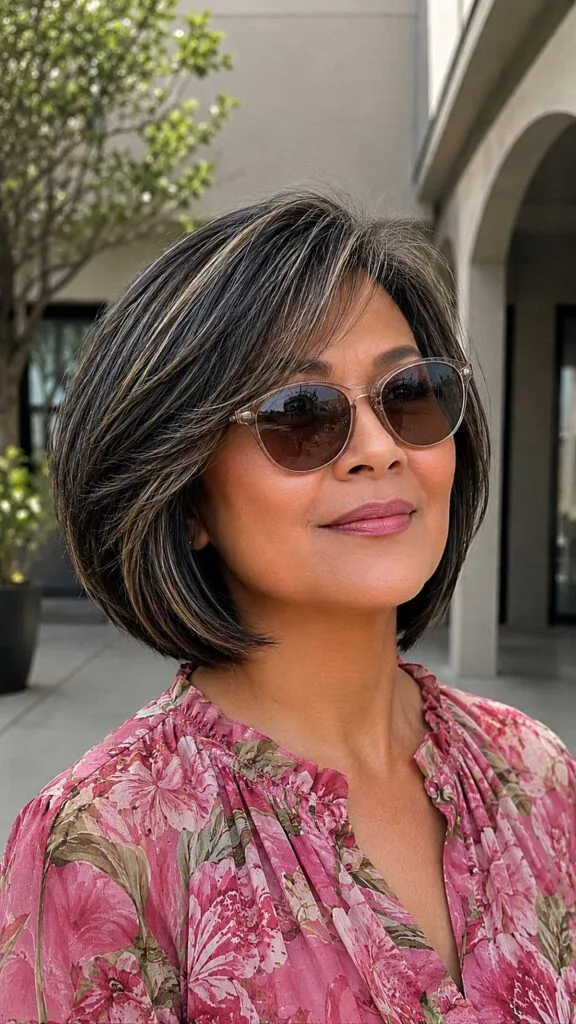 Salt and Pepper Chin-Length Bob with Feathered Ends