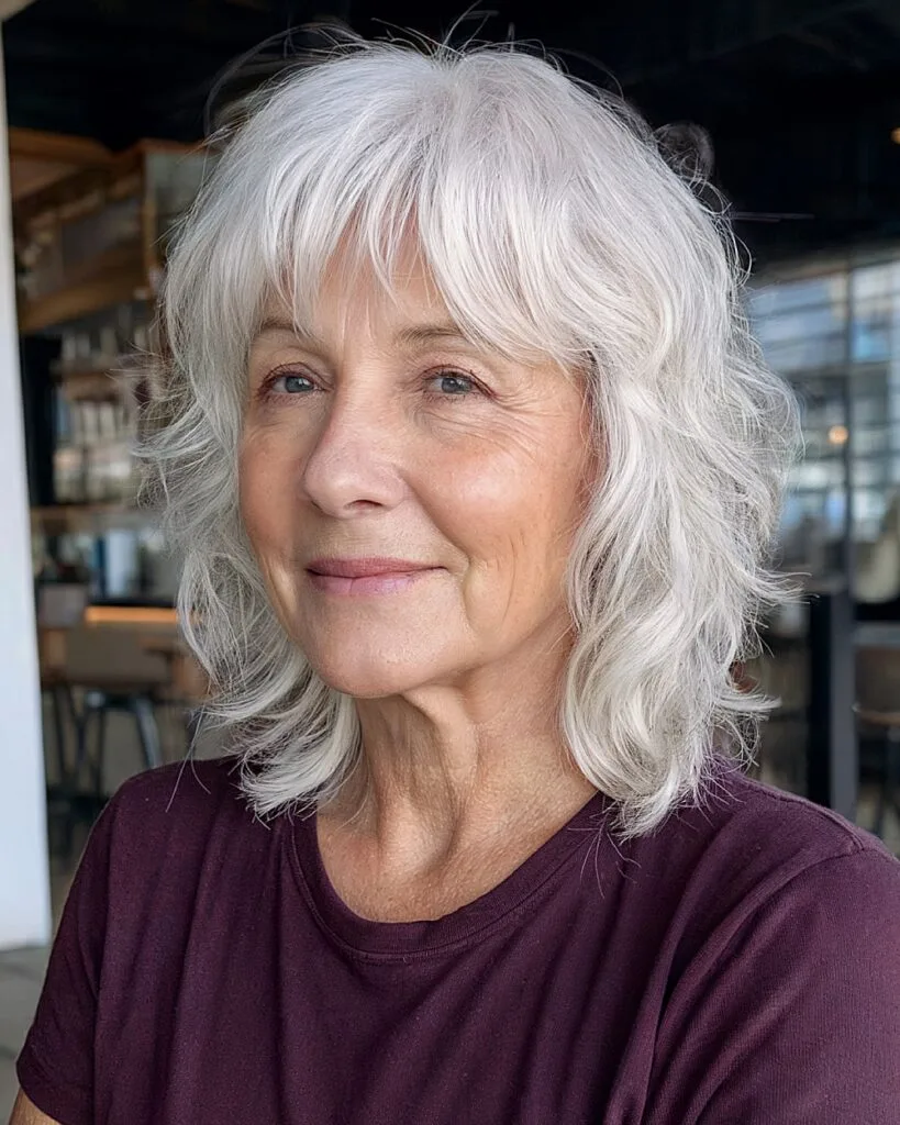 Shag with voluminous crown for thin gray hair, shoulder-length French bob variation for women 40+