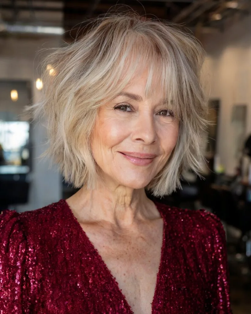 Shaggy bob with textured fringe and choppy layers, glam French bob for women over 40 with thin hair
