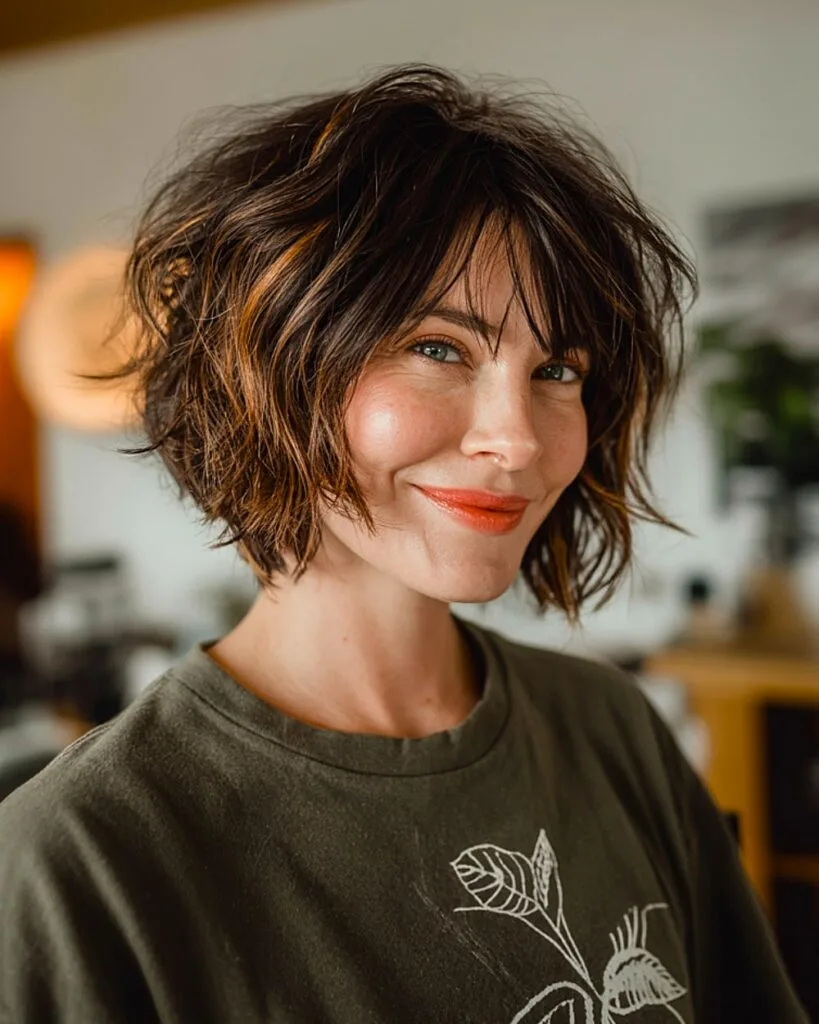 Shaggy bob with wispy bangs for women over 40 featuring tousled texture and soft layering