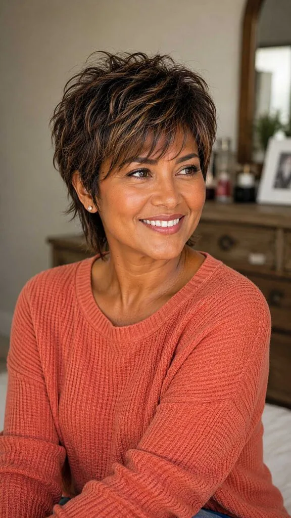 Shaggy Brunette Pixie with Razored Ends and Caramel Flecks
