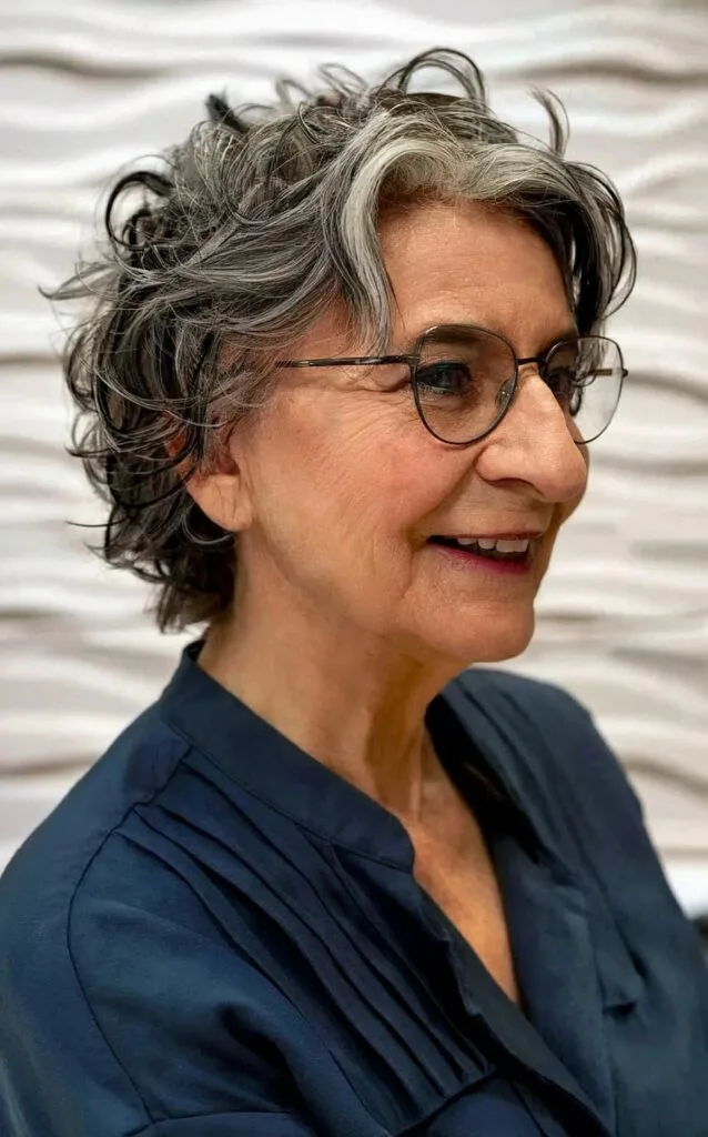 Shaggy Curly Bixie Hair for Older Women Over 70 with Glasses
