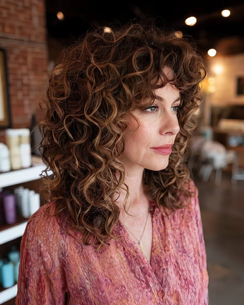 Shaggy curly medium hairstyle with face-framing layers for women over 40