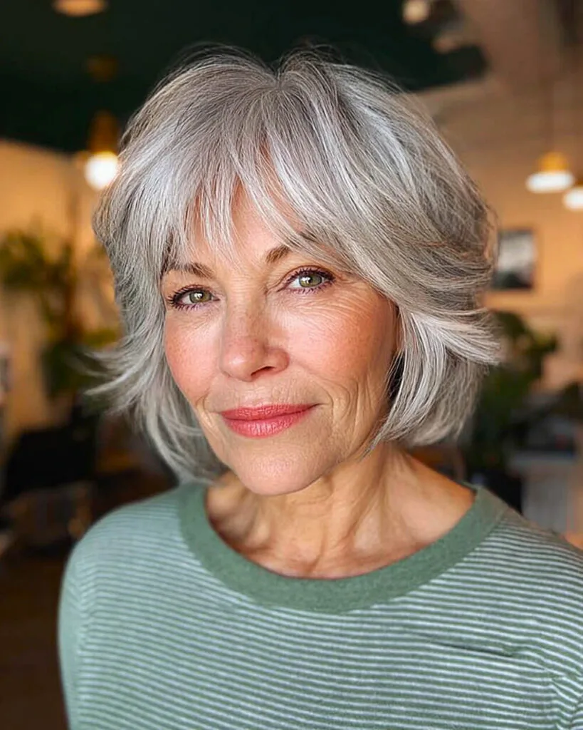 Shaggy feathered bob with flipped out layers for women over 70