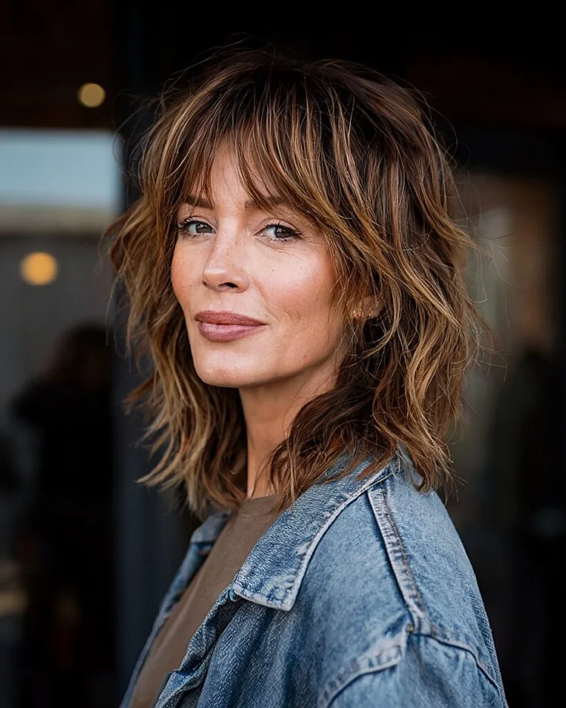 Shaggy medium-length haircut with tousled texture and wispy fringe for women over 40