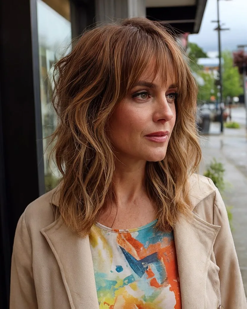Shaggy mid-length haircut with wispy bangs and soft waves for over 40 women