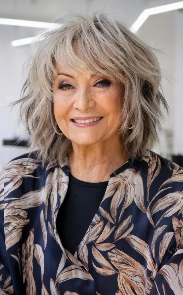 Shaggy Mid-Length Tousled Wavy Style with Light Bangs for Women Over Seventy
