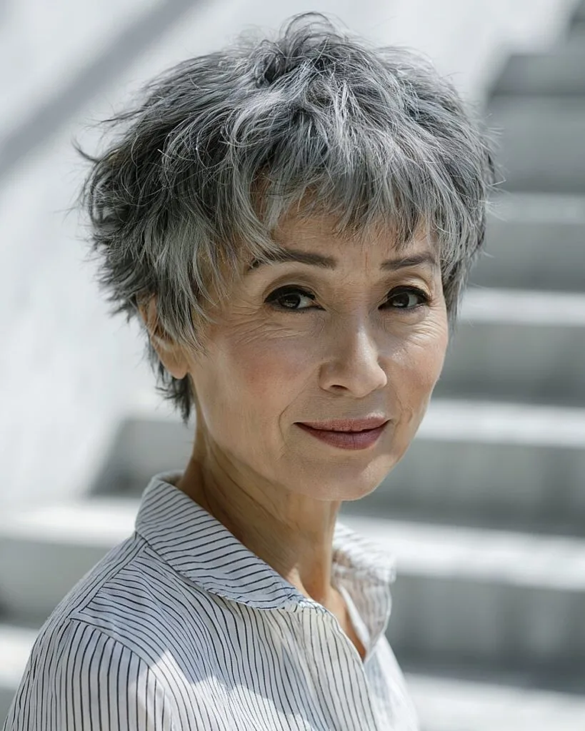 Shaggy pixie cut for women over 70 with razored fringe and gray feathered layers