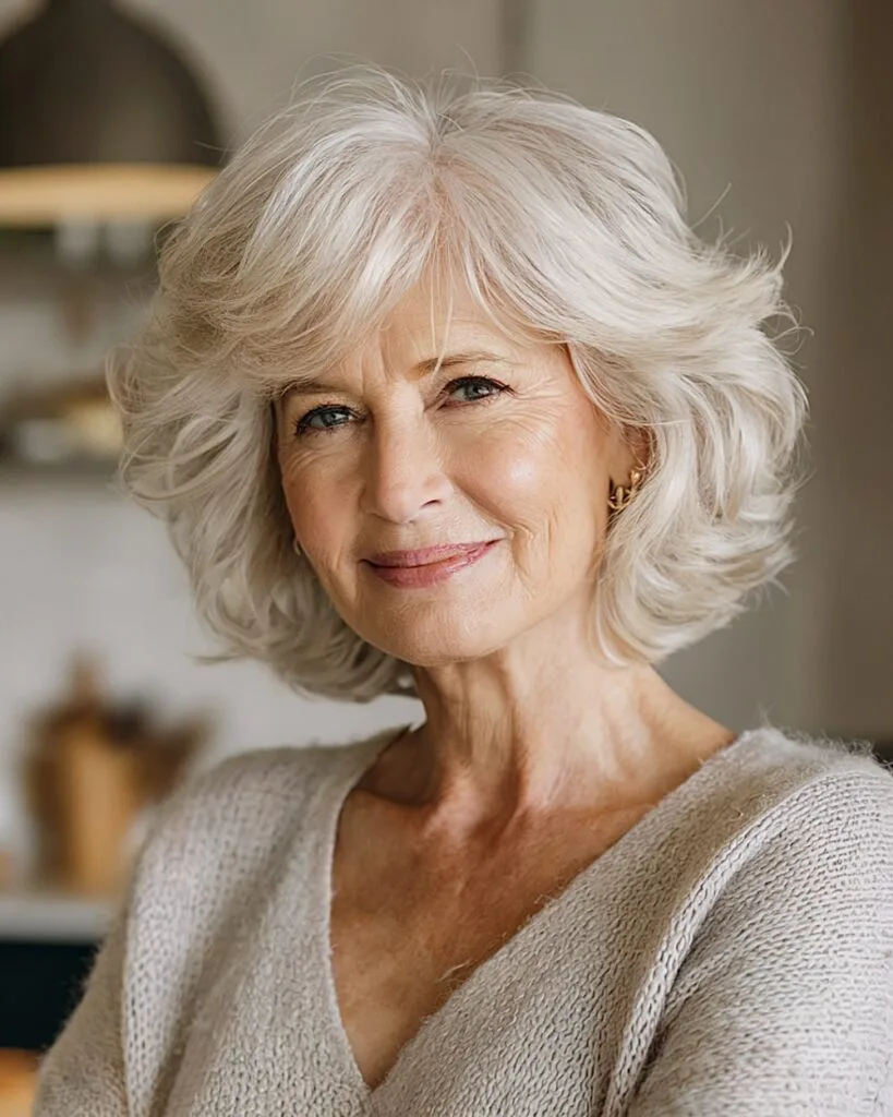 Shaggy silver bob with voluminous layers and feathered ends for women over 70