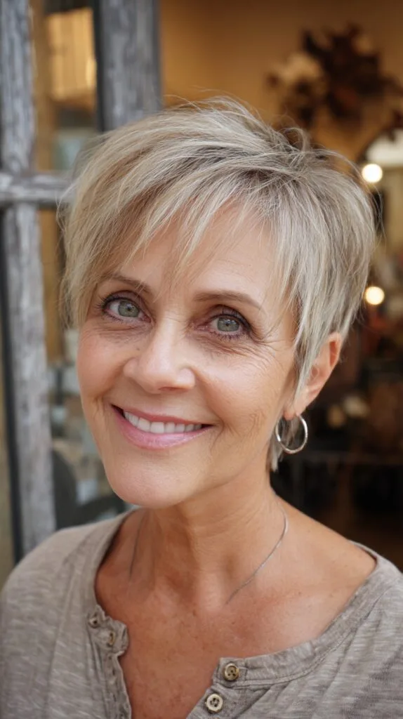 Short Ash-Beige Pixie with Feathered Crown and Micro Fringe