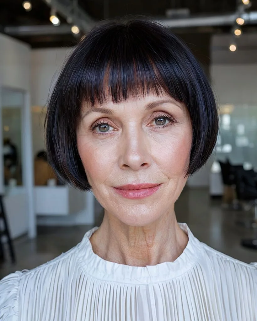 Short baby bangs paired with a sleek dark bob haircut for older women with fine straight hair